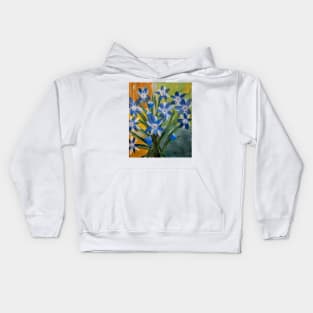 blue flowers paint on a Bush set against a colorblock background. . Kids Hoodie